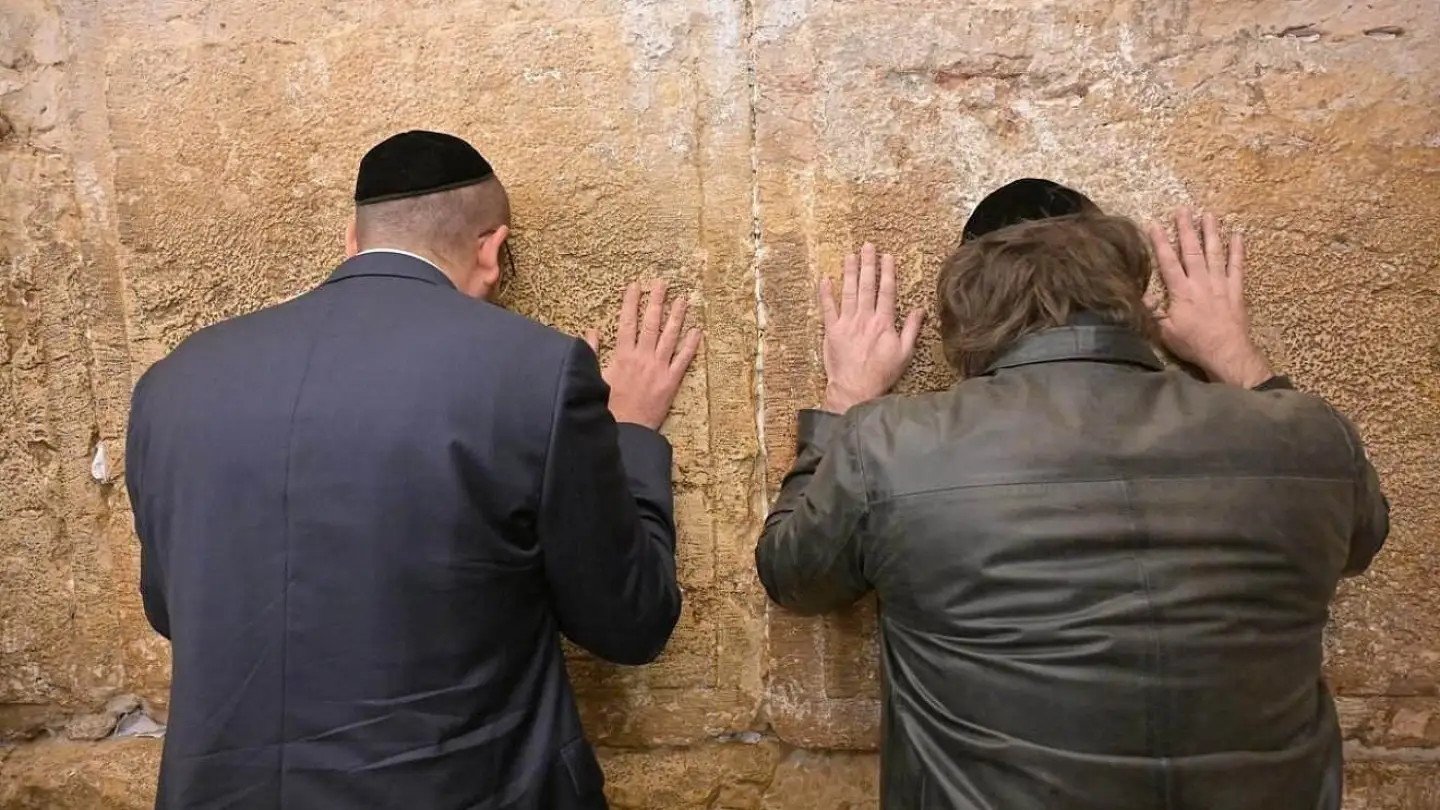 Argentine President Javier Milei and Argentina's Ambassador to Israel Axel Wahnish pray at the Western Wall in Jerusalem, June 10, 2025. Photo courtesy of Argentina's Embassy in Israel.