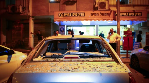 The scene where a 21-year-old man was killed by shrapnel when a rocket fired from the Gaza Strip hit an apartment building in the city of Ashdod on May 5, 2019. Photo by Flash90.