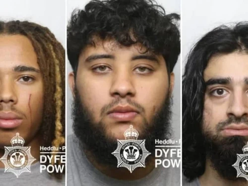 Elijah Ogunnubi-Sime (left), Mohammad Comrie (center) and Faiz Shah (right) were convicted of the attempted kidnapping of Israeli music producer Itay Kashti on Aug. 24, 2024. Credit: Dyfed-Powys Police.