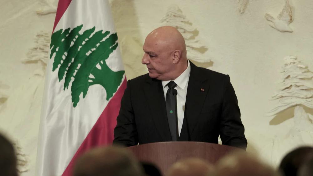 Lebanese President Joseph Aoun speaks during a press conference at the Presidential Palace in Baabda, Nov. 30, 2025. Photo by Courtney Bonneau/Middle East Images/AFP via Getty Images.