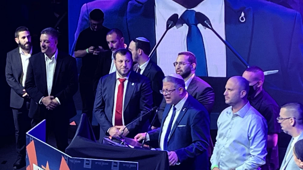 National Security Minister Itamar Ben-Gvir addresses supporters at Otzma Yehudit’s election headquarters in Modi’in, Israel, following the release of exit polls, Oct. 27, 2026. Photo by Josh Hasten.