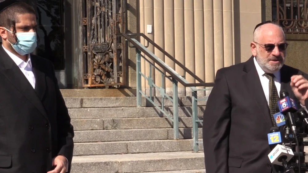 Community activist Yossi Gestetner and Ron Coleman, an attorney with Dhillon Law Group, speak outside the U.S. District Court for the Southern District of New York. Source: Screenshot.