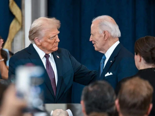 U.S. President-elect Donald Trump and U.S. President Joe Biden at Trump's inauguration in the U.S. Capitol Rotunda in Washington on Jan. 20, 2025. Photo by Kenny Holston-Pool/Getty Images.