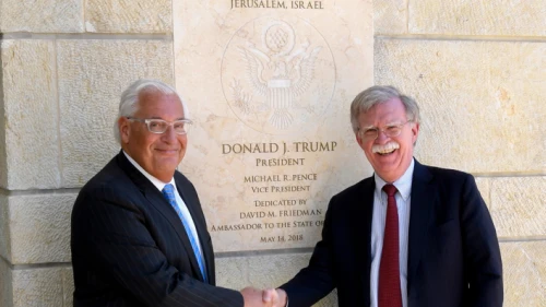 U.S. Ambassador to Israel David Friedman and U.S. National Security Advisor John Bolton visit the U.S. Embassy in Jerusalem on Aug. 21, 2018. Photo by Matty Stern/U.S. Embassy Jerusalem.