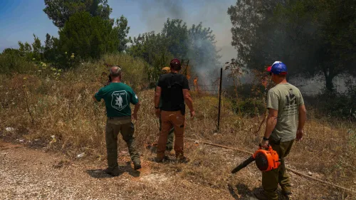 View of a large fire caused from rockets fired from Lebanon, near Moshav Ramot Naftali in the Upper Galilee, near the border, June 1, 2024. Photo by Ayal Margolin/Flash90.