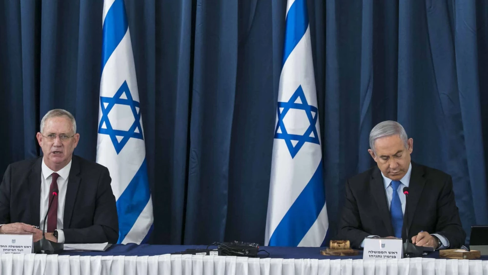 Israeli Prime Minister Benjamin Netanyahu and then-Alternate Prime Minister and Defense Minister Benny Gantz at the weekly cabinet meeting, at the Ministry of Foreign Affairs in Jerusalem on June 28, 2020. Photo by Olivier Fitoussi/Flash90.
