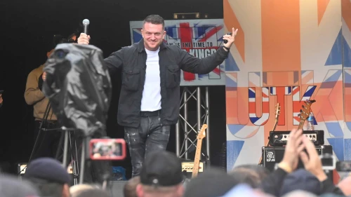Tommy Robinson speaks at a rally in London on Sept. 13, 2025. Photo by Canaan Lidor.