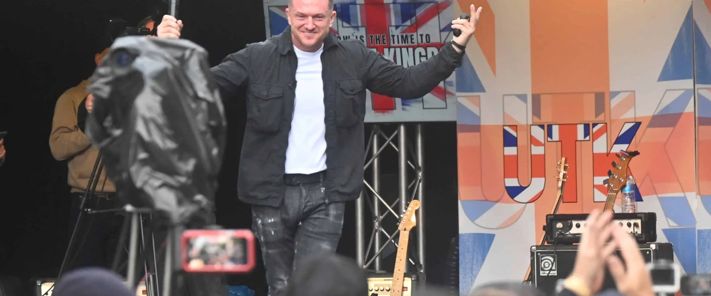 Tommy Robinson speaks at a rally in London on Sept. 13, 2025. Photo by Canaan Lidor.