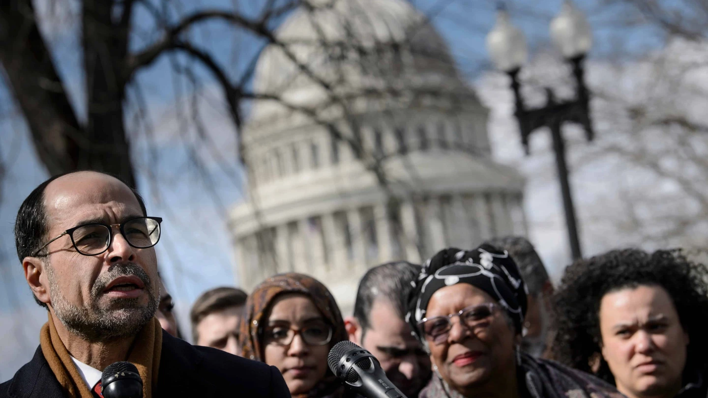 Nihad Awad, the executive director of the Council on American-Islamic Relations (CAIR), speaks during a press conference on Capitol Hill in Washington, D.C., in support of Rep. Ilhan Omar (D-Minn.) on March 6, 2019. Photo by Brendan Smialowski/AFP via Getty Images.