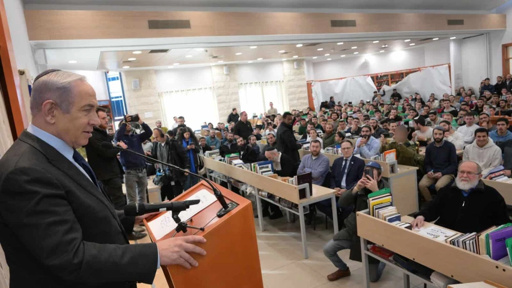 Israeli Prime Minister Benjamin Netanyahu visits the Bnei David pre-military academy in Eli in the Binyamin region of Samaria, Jan. 30, 2024. Photo by Amos Ben-Gershom/GPO.