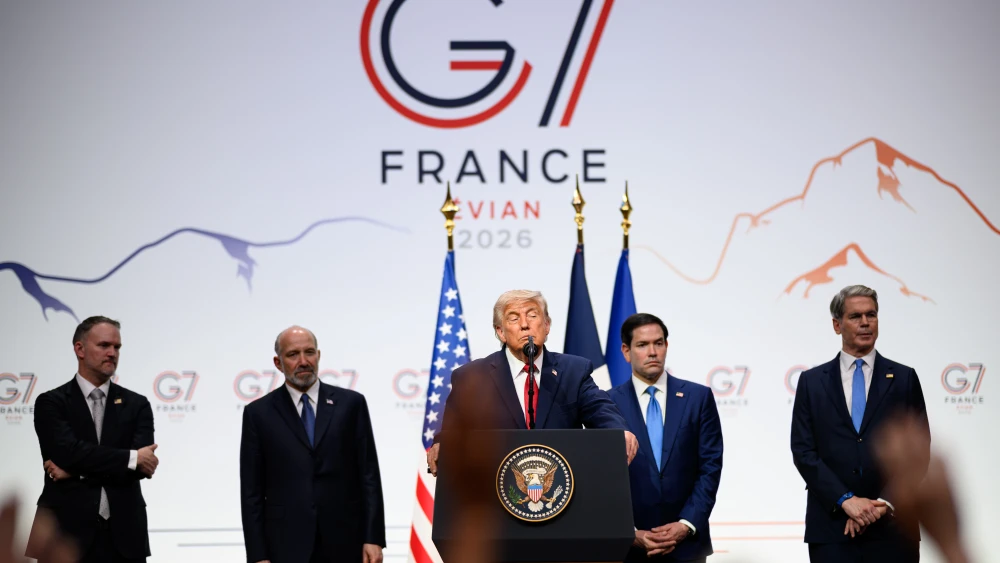 U.S. President Donald Trump takes questions from press about a memorandum of understanding with Iran following the G-7 summit in France, June 17, 2026. Credit: The White House.