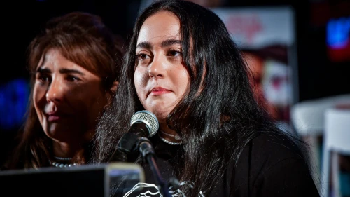 Former hostage Liri Albag speaks during a rally calling for the release of Israelis held hostage by Hamas terrorists in Gaza, at "Hostage Square" in Tel Aviv, April 5, 2025. Photo by Avshalom Sassoni/Flash90.