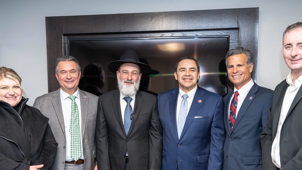 Celebrating the recent inauguration of the Congressional Caucus for Torah Values in Washington, D.C., are (from left) Rep. Kat Cammack (R-Fla.); Caucus co-chair Don Bacon (R-Neb.); Rabbi Dovid Hofstedter, founder of Dirshu; Caucus co-chair Henry Cuellar (D-Texas); Rep. Dan Meuser (R-Pa.); and Rep. Brian Fitzpatrick (R-Pa.). Credit: Sruly Saftlas.