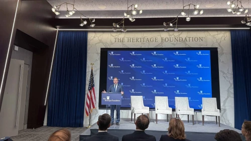 Rev. Johnnie Moore, executive chairman of the Gaza Humanitarian Foundation, speaks at the Heritage Foundation in Washington, D.C., July 31, 2025. Credit: Andrew Bernard.