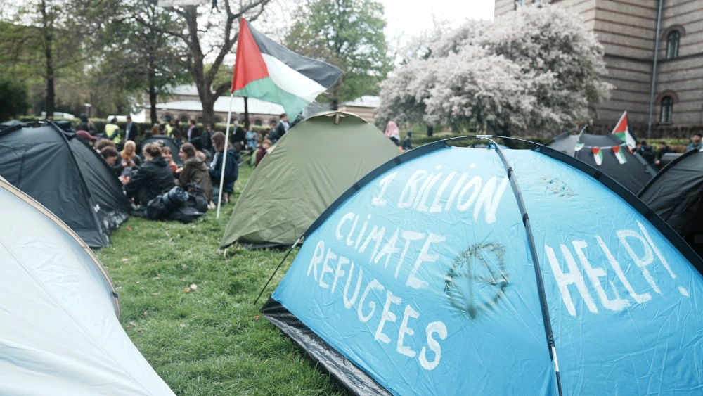 Students set up a camp at the University of Copenhagen's City Campus in Copenhagen, Denmark, on May 6, 2024. Photo by THOMAS TRAASDAHL/Ritzau Scanpix/AFP via Getty Images.