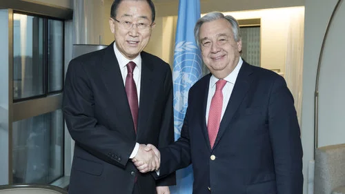 United Nations Secretary-General Antonio Guterres (right) meets with former Secretary-General Ban Ki-moon Jan. 2, 2017, in New York. Guterres recently disavowed a U.N. agency’s report that accused Israel of apartheid. Credit: UN Photo/Mark Garten.