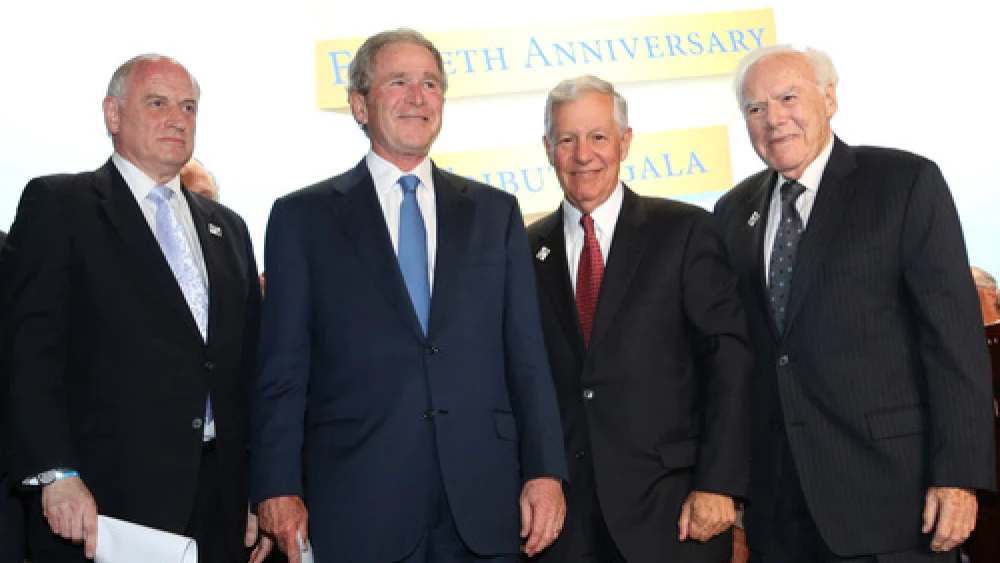 From left: Conference of Presidents executive vice chairman Malcolm Hoenlein, former U.S. President George W. Bush, Conference of Presidents chairman Robert G. Sugarman and Conference of Presidents past chairman Melvin Salberg at the 50th anniversary tribute gala for the Conference of Presidents on Tuesday in New York. Credit: ©Michael Priest Photography.