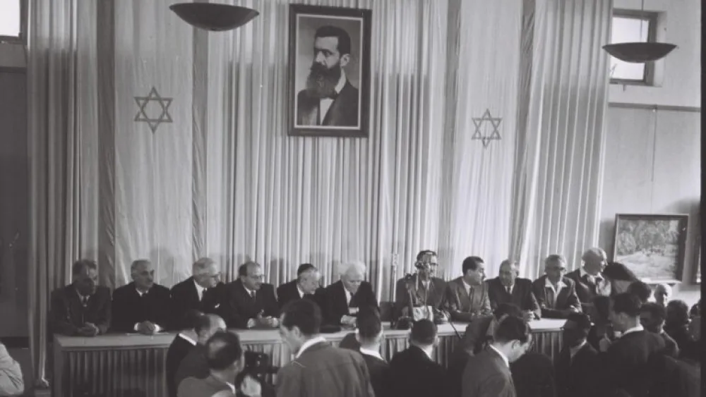 The drapes hanging behind Israel’s leaders were put in place to cover nude paintings, and the portrait of Herzl was a quick loan. Photo by Zoltan Kluger/Government Press Office.