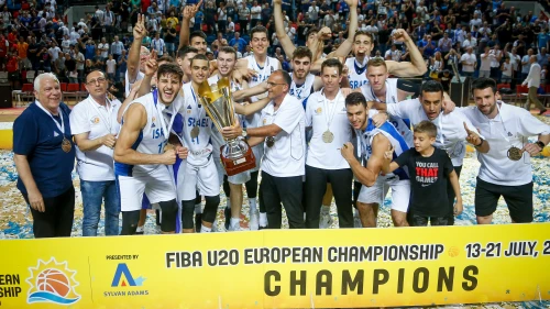 Players of the Israeli national under-20 basketball team celebrate with the trophy after beating Spain at the final of the FIBA U-20 Euro Championship in Tel Aviv on July 21, 2019. Photo by Roy Alima/Flash90.