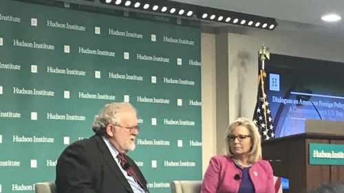Rep. Liz Cheney (R-Wyo.), chair of the House Republican Conference, discusses foreign policy with global-affairs scholar Walter Russell Mead at the Hudson Institute in Washington, D.C., on May 14, 2019. Photo by Jackson Richman/JNS.