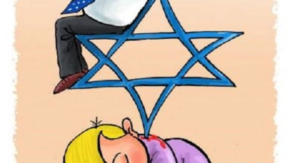 An anti-Semitic cartoon posted by the Palestinian Federation of Chile on its website.