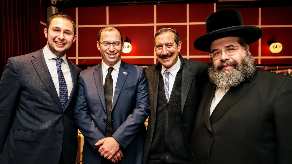 From right to left: Rabbi David Katz, Executive Director of the Israel Heritage Foundation; Dr. Joseph Frager, Executive Vice President of Israel Heritage Foundation; MK Simche Rothman; and Rabbi Akiva Ackerman of West Hempstead at the reception on January 25. Credit: Courtesy of the Israel Heritage Foundation.