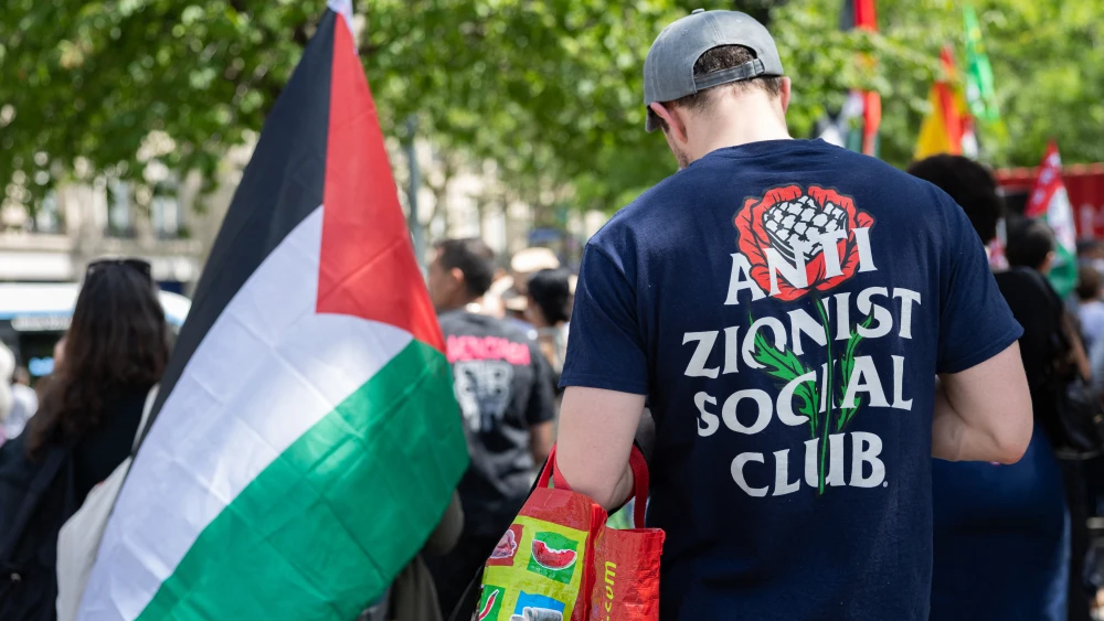 Rally for Gaza featuring sailors from the flotillas intercepted by Israel at Place de la Republique in Paris in Ile de France in France on May 23 2026. Photo by Basile Dubouis / Hans Lucas / AFP via Getty Images.