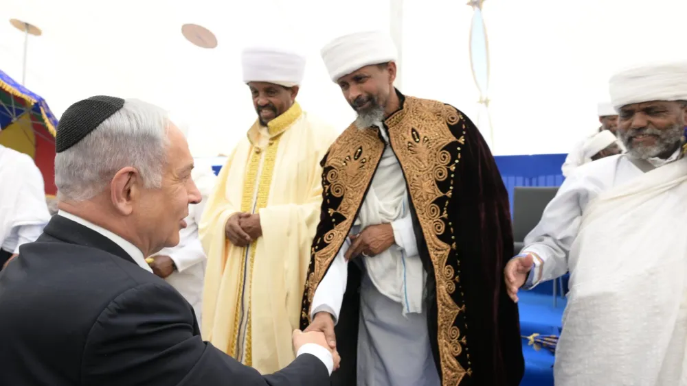 Israel's Prime Minister Benjamin Netanyahu is greeted by members of the Beta Israel community on May 18, 2023 at Mt. Herzl in Jerusalem. Photo by Amos Ben-Gershom (GPO)