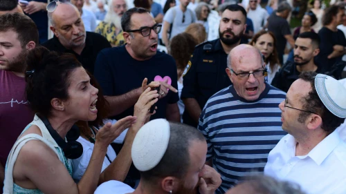 Secular and religious Jews argue at Dizengoff Square in Tel Aviv, Sept. 24, 2023. Photo by Tomer Neuberg/Flash90.