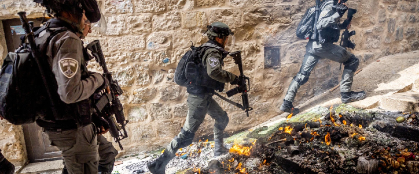 Israeli police officers during clashes outside the Al-Aqsa Mosque in Jerusalem's Old City on April 17, 2022. Photo by Yonatan Sindel/Flash90.