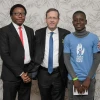 Dr. Kalembe Lwara, Israeli President Isaac Herzog, and a past patient of Save a Child's Heart, Kachese Syapiila, in Lusaka on November 10, 2025. Photo by Maayan Toaf/GPO.