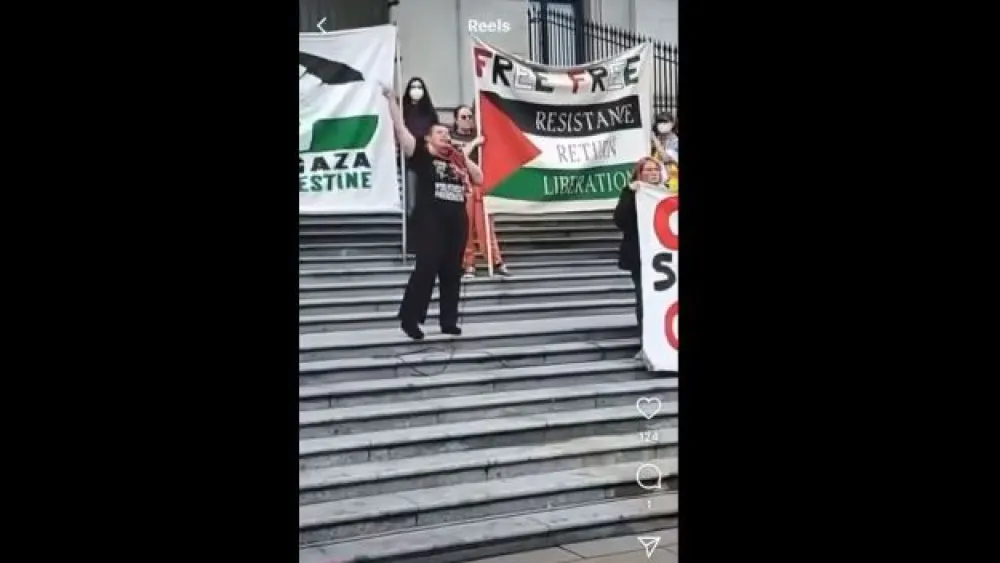 Samidoun international coordinator Charlotte Kates praising terrorist groups on the steps of the Vancouver Art Gallery on April 26, 2024. Credit: Freepalestinetricitiesbc/Instagram.