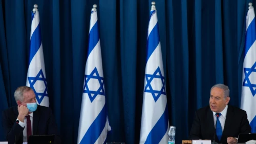 Israeli Prime Minister Benjamin Netanyahu and Defense Minister Benny Gantz at the weekly cabinet meeting, at the Foreign Ministry in Jerusalem on July 5, 2020. Photo by Amit Shabi/POOL.