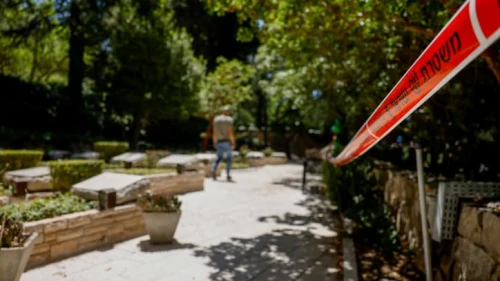 Police marking tape at Mount Herzl Military Cemetery, in Jerusalem, on June 30, 2023, where a letter threatening Israeli Prime Minister Benjamin Netanyahu found on the grave of his brother, Yoni Netanyahu earlier in the day. Photo by Flash90