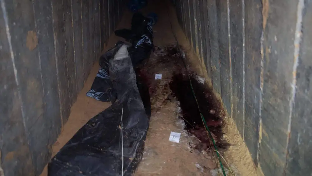 Blood stains in the tunnel in Rafah, southern Gaza, where the bodies of six murdered hostages were found by Israeli forces on Aug. 31, 2024. Credit: IDF.