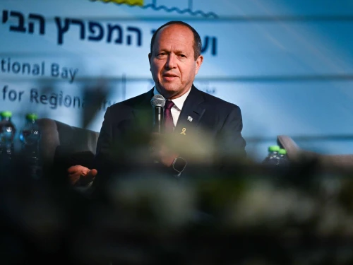 Israeli Economy and Industry Minister Nir Barkat speaks at the International Bay Conference for Regionality in Haifa, Dec. 18, 2024. Credit: Flash90.