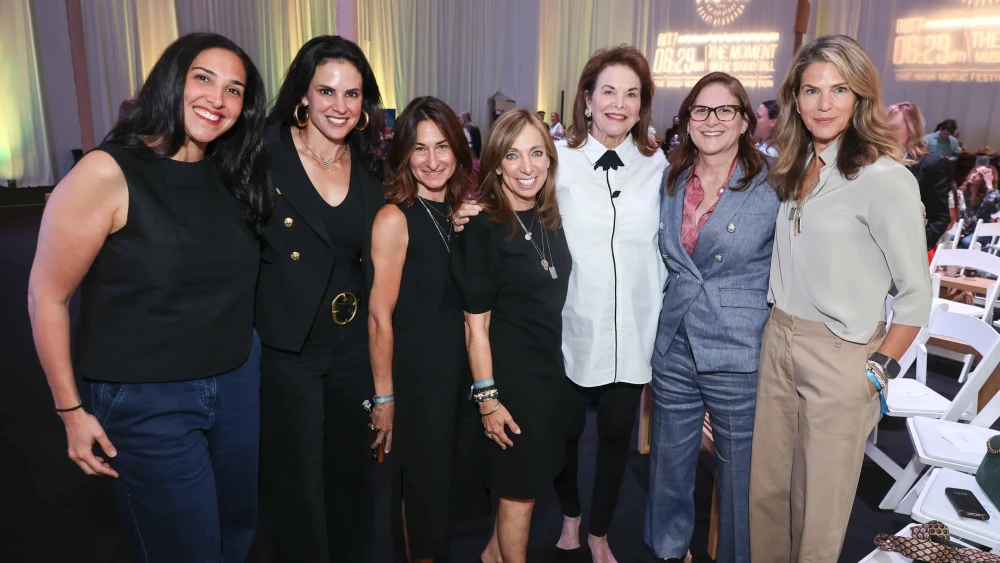 (From left) Alana Newhouse, Rebecca Mall, Deborah Marcus, Dr. Marcy Gringlas, Sherry Lansing, Dana Goldberg and Lynn Harris attend an I Believe Israeli Women tour and panel discussion at the Nova Exhibition in California, on Sept. 17, 2024. Photo by Randy Shropshire/Getty Images for I Believe Israeli Women.