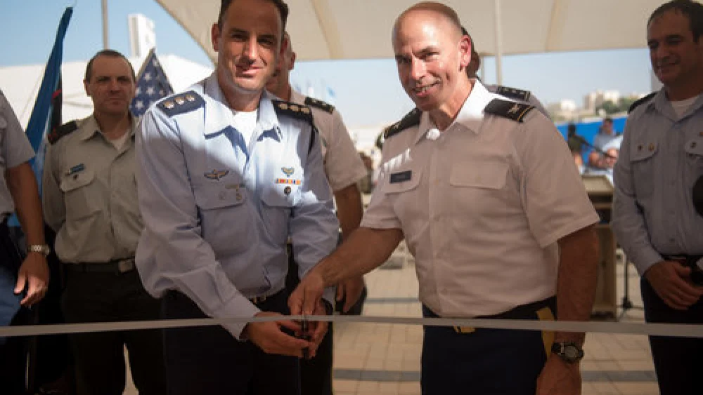 A ribbon-cutting ceremony for the first-ever permanent U.S. military base inside an Israeli Air Force base. (left) Maj. Gen. Josh Gronski, deputy commanding general for the U.S. Army National Guard, and Brig. Gen. Zvika Haimovich, commander of the IAF's Aerial Defense Division. Credit: IDFblog.com.