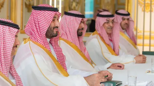 Saudi Crown Prince Mohammed bin Salman (second from left) at a meeting with French President Emmanuel Macron in Paris, June 16, 2023. Source: Twitter.