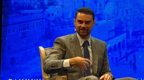 Conservative pundit Ben Shapiro speaks at Jerusalem’s International Convention Center on Thursday. Photo by Alex Traiman.