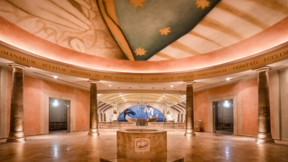 The Duc in Altum Chapel in Magdala, with its boat overlooking the ancient port. Photo courtesy of Magdala Hotel