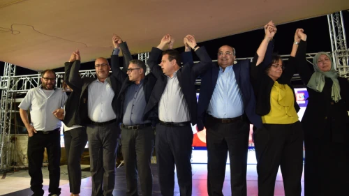 Joint List Party candidates celebrate as the first results in the Israeli elections are announced, Sept. 17, 2019. Photo by Basel Awidat/Flash90.