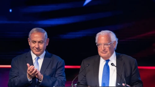 U.S. Ambassador to Israel David Friedman and Israeli Prime Minister Benjamin Netanyahu mark one year since the transfer of the U.S. embassy from Tel Aviv to Jerusalem on May 14, 2019. Photo by Yonatan Sindel/Flash90.