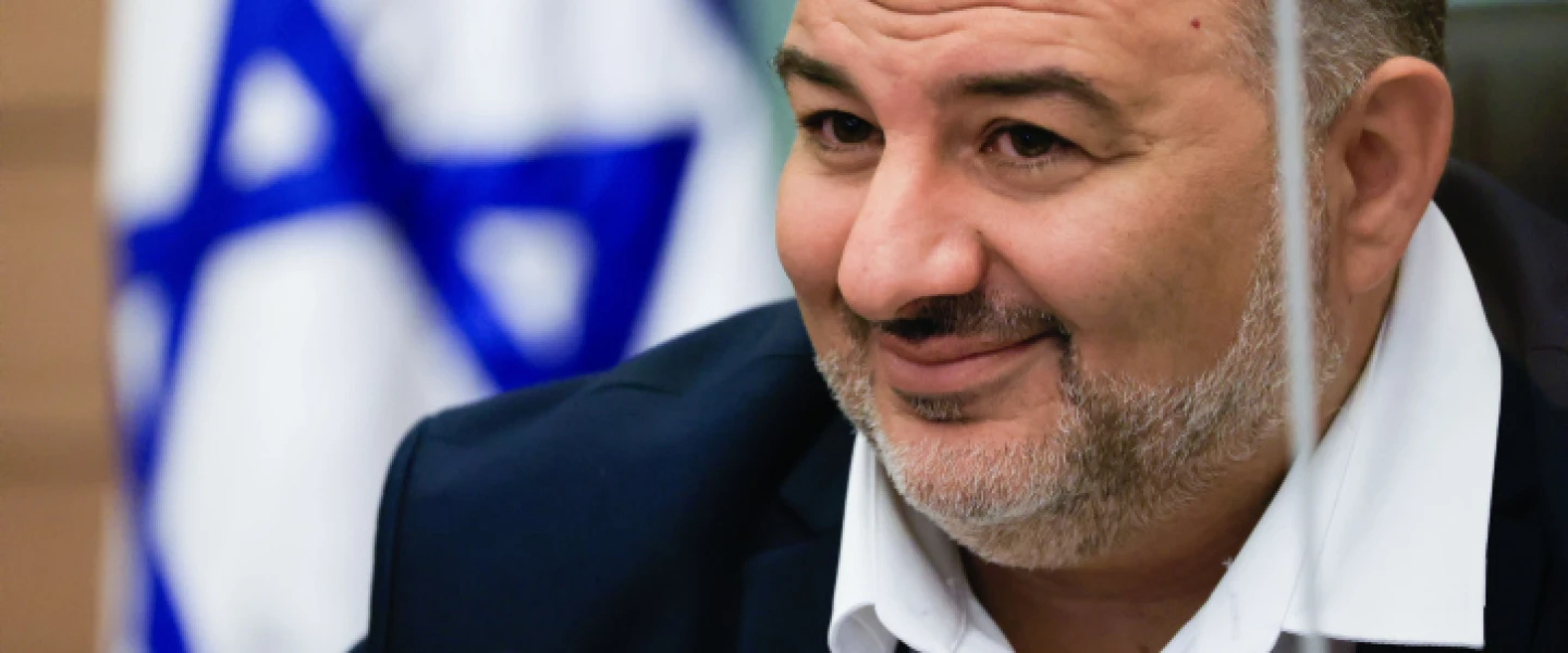 Mansour Abbas, head of the Ra'am party, leads a faction meeting in the Knesset on Oct. 4, 2021. Photo by Olivier Fitoussi/Flash90.