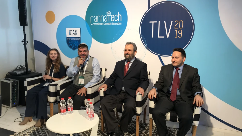 From left: Rylie Maedler, a 13-year-old from Delaware who has used medical cannabis to successfully treat bone tumors; Saul Kaye, CEO and founder of CannaTech and iCAN: Israel-Cannabis; former Israeli Prime Minister Ehud Barak, now chairman of the Israeli medical-cannabis company CANNDOC/Intercure; and Yona Levy, CEO of Alvit Pharma, one of Israel’s leading cannabis companies. Photo by Israel Kasnett.