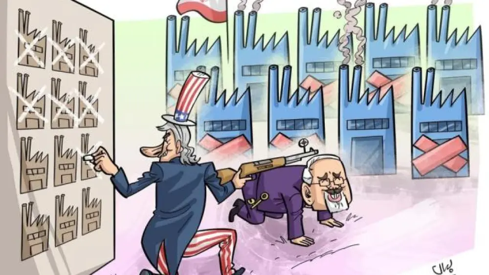 An anti-Zarif cartoon: He serves as a convenient prop for Uncle Sam to target Iranian industry. Source: Twitter.