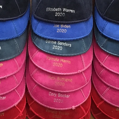A collage of 2020 presidential candidate yarmulkes. Credit: Courtesy.