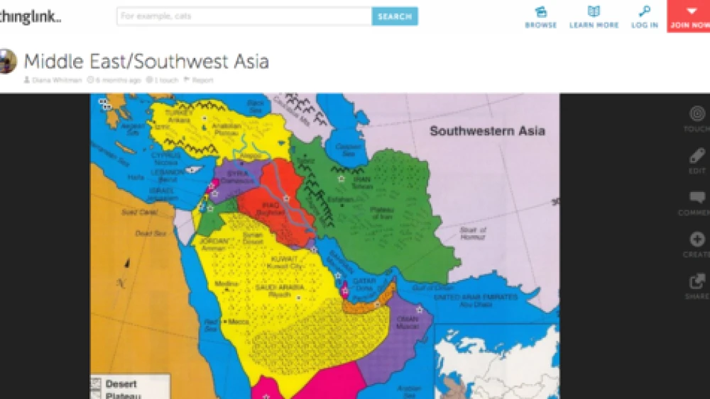 An interactive map of the Middle East and Southwest Asia offered by ThingLink, which allows teachers to build a whole set of interactive multimedia experiences into a single image. ThingLink is among the latest cutting-edge online learning and social networking tools available for Jewish schools. Credit: ThingLink.