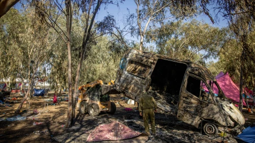 View of a burnt ambulance near the site of the Nova festival massacre in southern Israel, Oct. 12, 2023. Photo by Chaim Goldberg/Flash90.