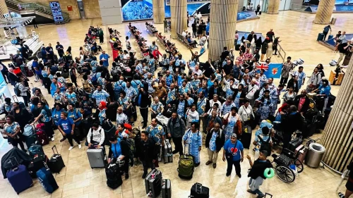 Fijian pilgrims arrive at Ben-Gurion International Airport. Sept. 29, 2023. Credit: Courtesy of ICEJ.